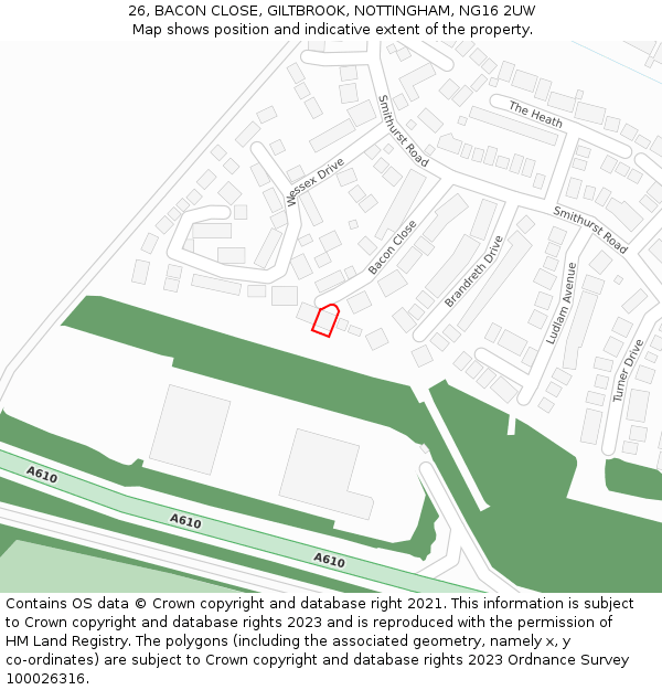 26, BACON CLOSE, GILTBROOK, NOTTINGHAM, NG16 2UW: Location map and indicative extent of plot