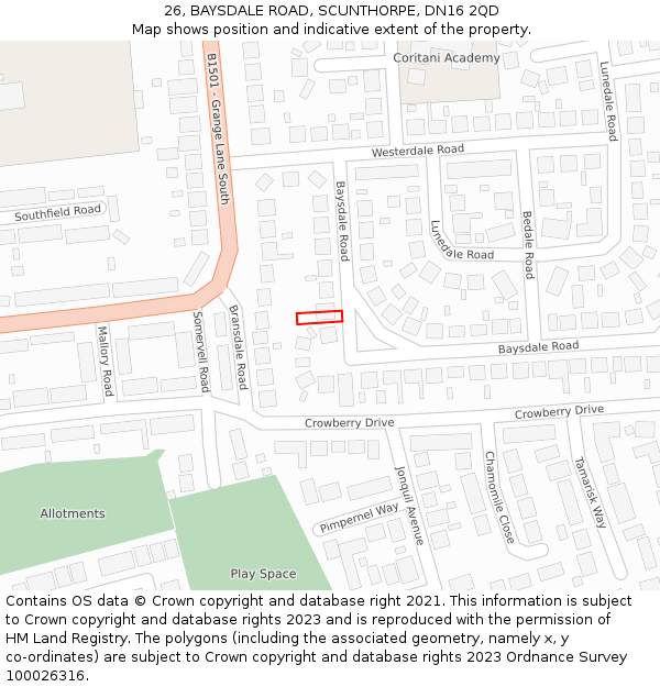 26, BAYSDALE ROAD, SCUNTHORPE, DN16 2QD: Location map and indicative extent of plot