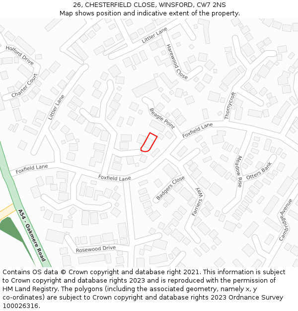 26, CHESTERFIELD CLOSE, WINSFORD, CW7 2NS: Location map and indicative extent of plot