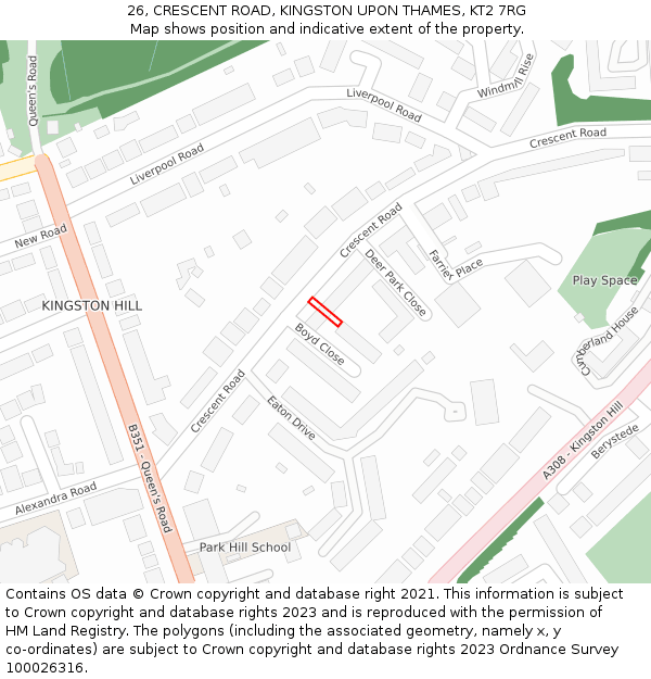 26, CRESCENT ROAD, KINGSTON UPON THAMES, KT2 7RG: Location map and indicative extent of plot