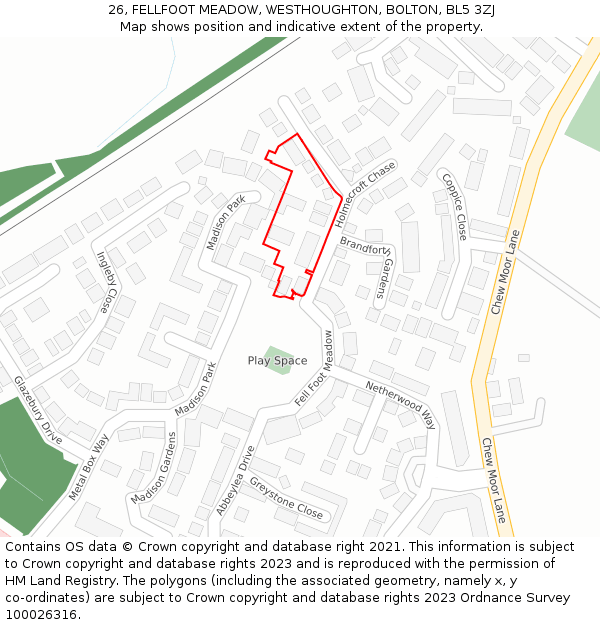 26, FELLFOOT MEADOW, WESTHOUGHTON, BOLTON, BL5 3ZJ: Location map and indicative extent of plot