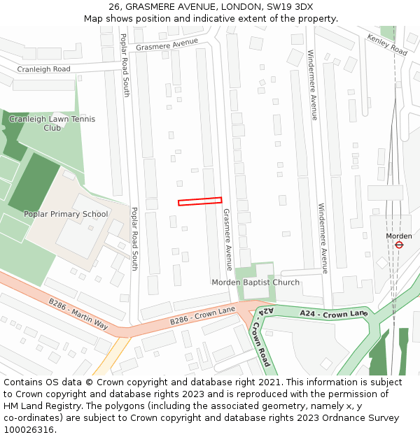 26, GRASMERE AVENUE, LONDON, SW19 3DX: Location map and indicative extent of plot
