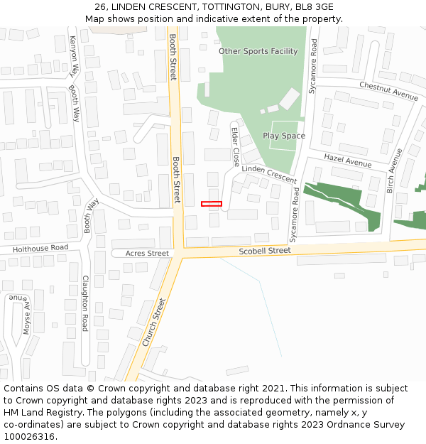 26, LINDEN CRESCENT, TOTTINGTON, BURY, BL8 3GE: Location map and indicative extent of plot