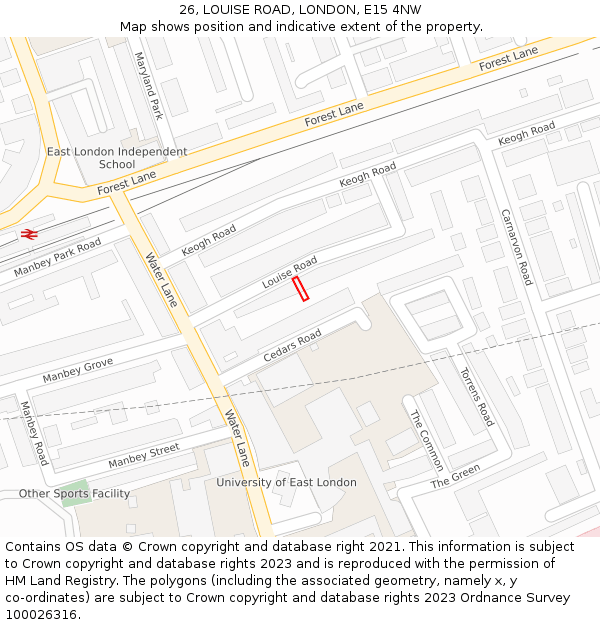 26, LOUISE ROAD, LONDON, E15 4NW: Location map and indicative extent of plot