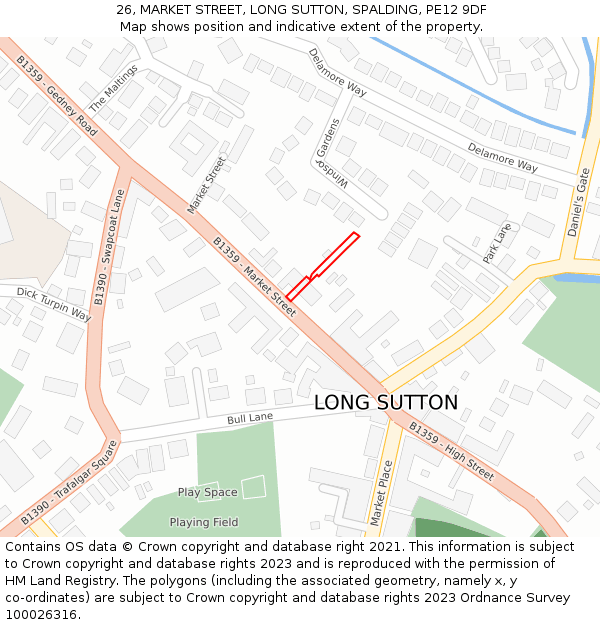 26, MARKET STREET, LONG SUTTON, SPALDING, PE12 9DF: Location map and indicative extent of plot