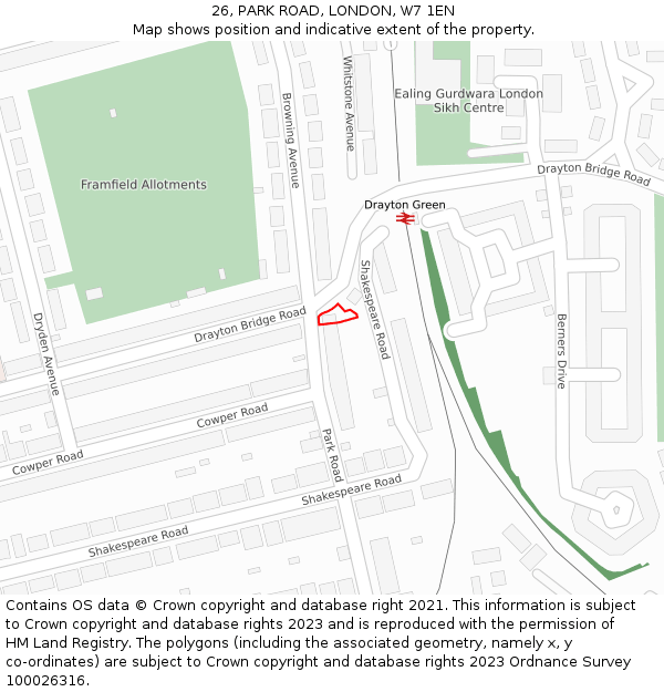 26, PARK ROAD, LONDON, W7 1EN: Location map and indicative extent of plot