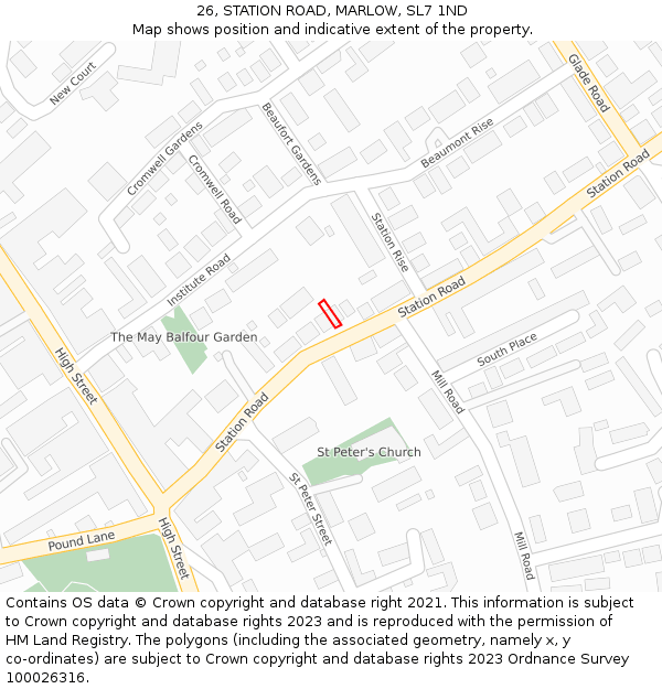 26, STATION ROAD, MARLOW, SL7 1ND: Location map and indicative extent of plot