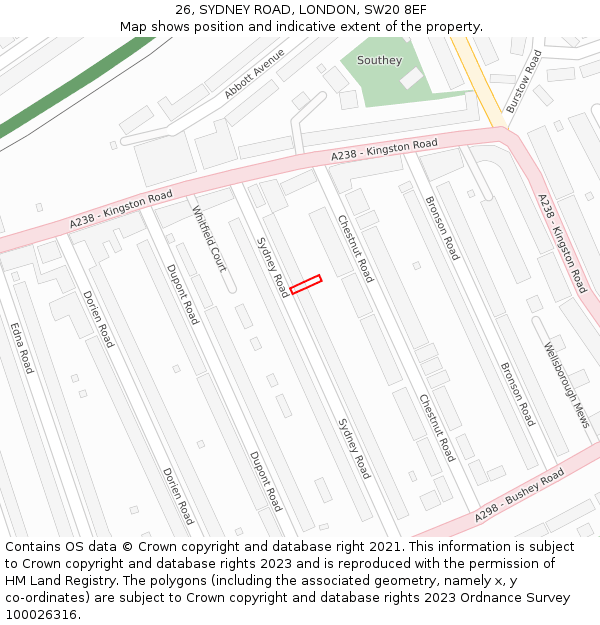 26, SYDNEY ROAD, LONDON, SW20 8EF: Location map and indicative extent of plot