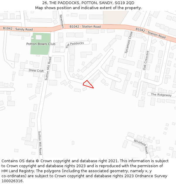 26, THE PADDOCKS, POTTON, SANDY, SG19 2QD: Location map and indicative extent of plot
