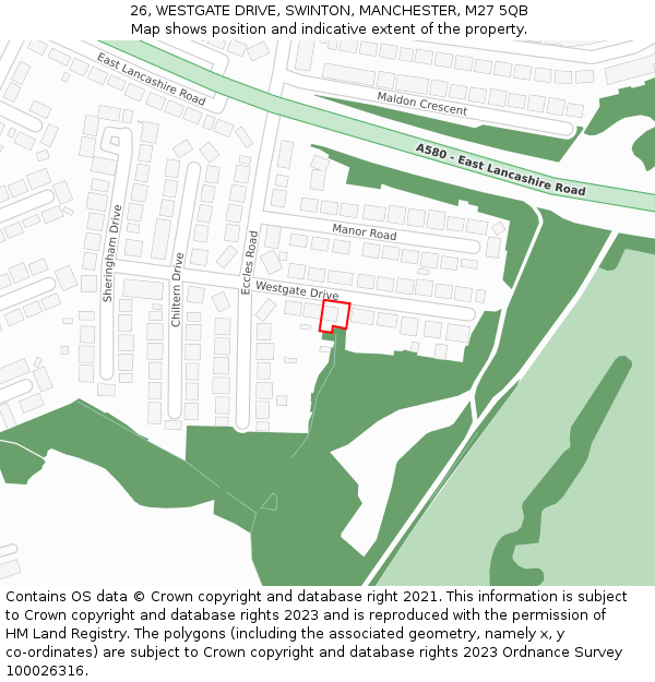 26, WESTGATE DRIVE, SWINTON, MANCHESTER, M27 5QB: Location map and indicative extent of plot