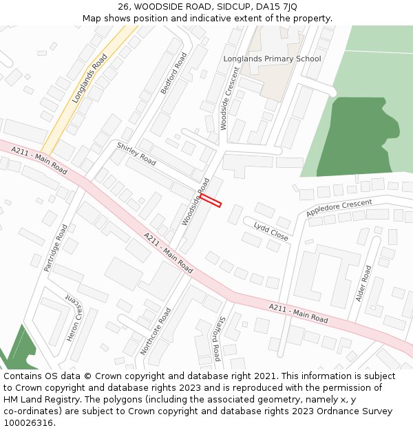 26, WOODSIDE ROAD, SIDCUP, DA15 7JQ: Location map and indicative extent of plot
