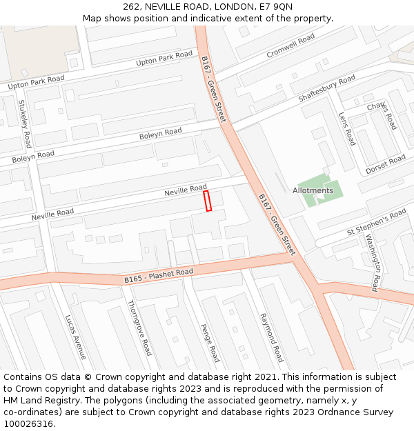 262, NEVILLE ROAD, LONDON, E7 9QN: Location map and indicative extent of plot