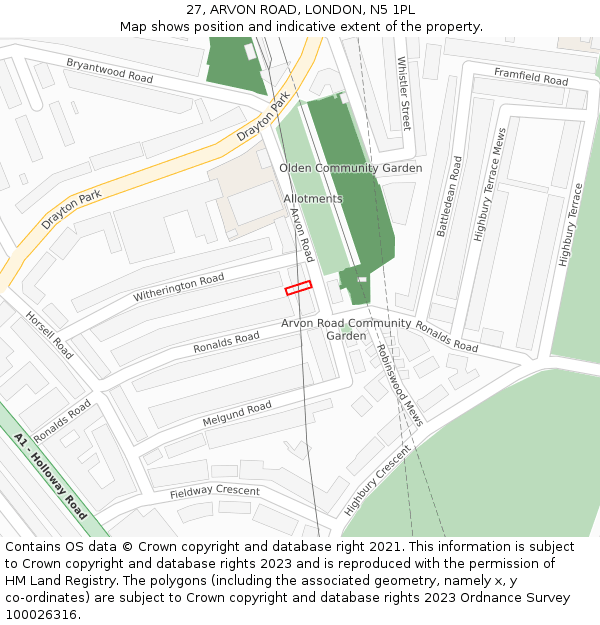 27, ARVON ROAD, LONDON, N5 1PL: Location map and indicative extent of plot