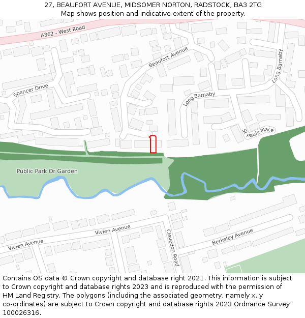 27, BEAUFORT AVENUE, MIDSOMER NORTON, RADSTOCK, BA3 2TG: Location map and indicative extent of plot
