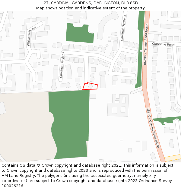 27, CARDINAL GARDENS, DARLINGTON, DL3 8SD: Location map and indicative extent of plot