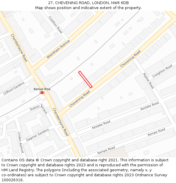 27, CHEVENING ROAD, LONDON, NW6 6DB: Location map and indicative extent of plot