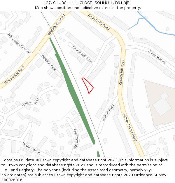 27, CHURCH HILL CLOSE, SOLIHULL, B91 3JB: Location map and indicative extent of plot