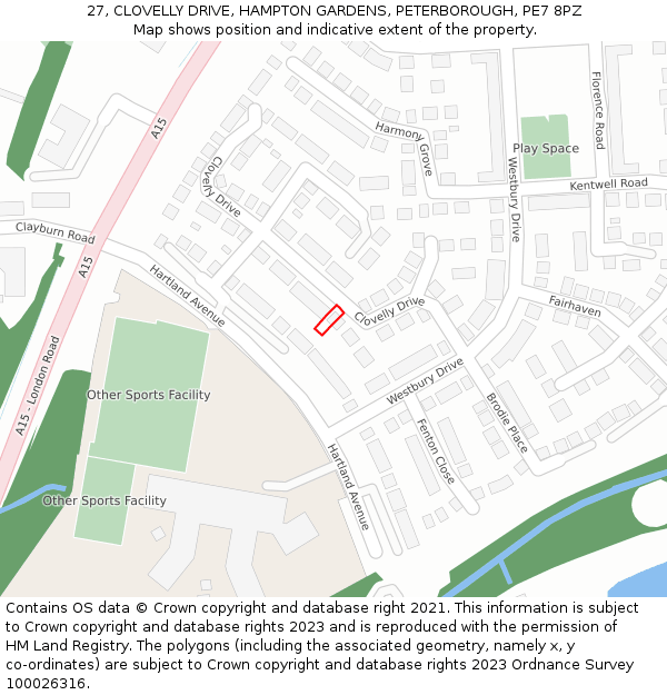 27, CLOVELLY DRIVE, HAMPTON GARDENS, PETERBOROUGH, PE7 8PZ: Location map and indicative extent of plot
