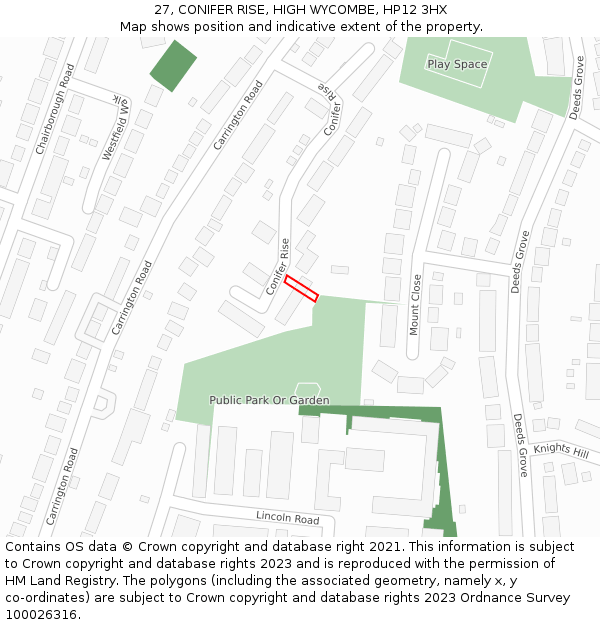 27, CONIFER RISE, HIGH WYCOMBE, HP12 3HX: Location map and indicative extent of plot