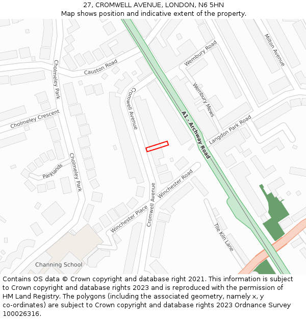 27, CROMWELL AVENUE, LONDON, N6 5HN: Location map and indicative extent of plot