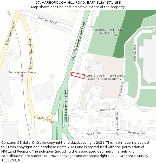 27, HARBOROUGH HILL ROAD, BARNSLEY, S71 1BB: Location map and indicative extent of plot