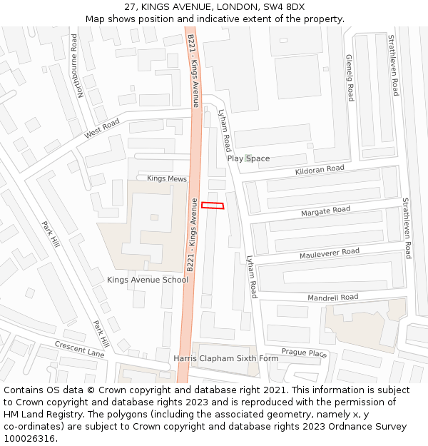 27, KINGS AVENUE, LONDON, SW4 8DX: Location map and indicative extent of plot