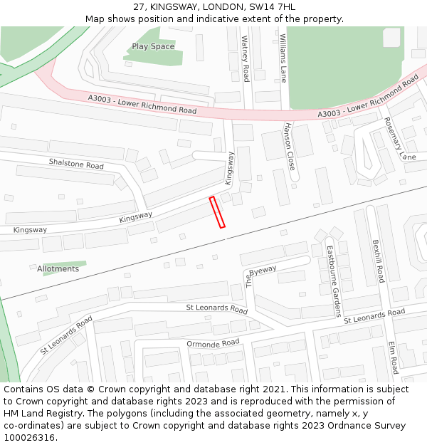 27, KINGSWAY, LONDON, SW14 7HL: Location map and indicative extent of plot