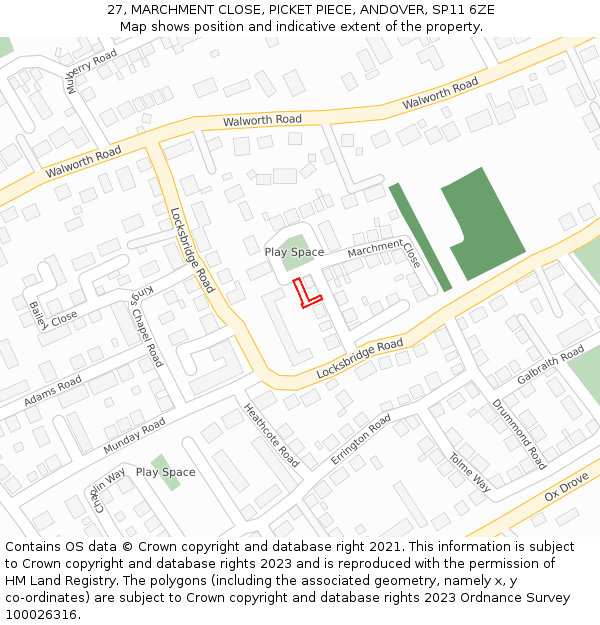 27, MARCHMENT CLOSE, PICKET PIECE, ANDOVER, SP11 6ZE: Location map and indicative extent of plot
