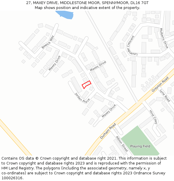 27, MAXEY DRIVE, MIDDLESTONE MOOR, SPENNYMOOR, DL16 7GT: Location map and indicative extent of plot