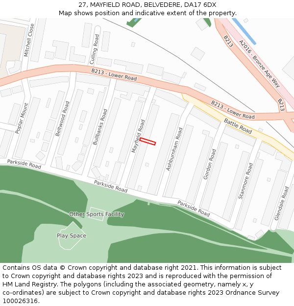27, MAYFIELD ROAD, BELVEDERE, DA17 6DX: Location map and indicative extent of plot