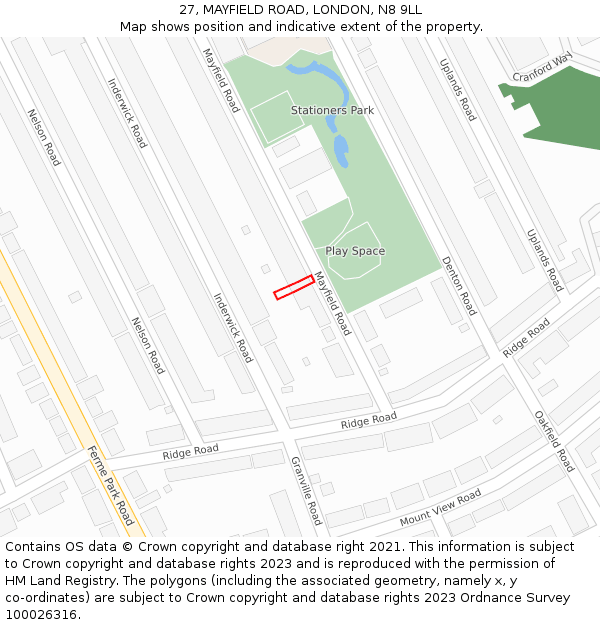 27, MAYFIELD ROAD, LONDON, N8 9LL: Location map and indicative extent of plot