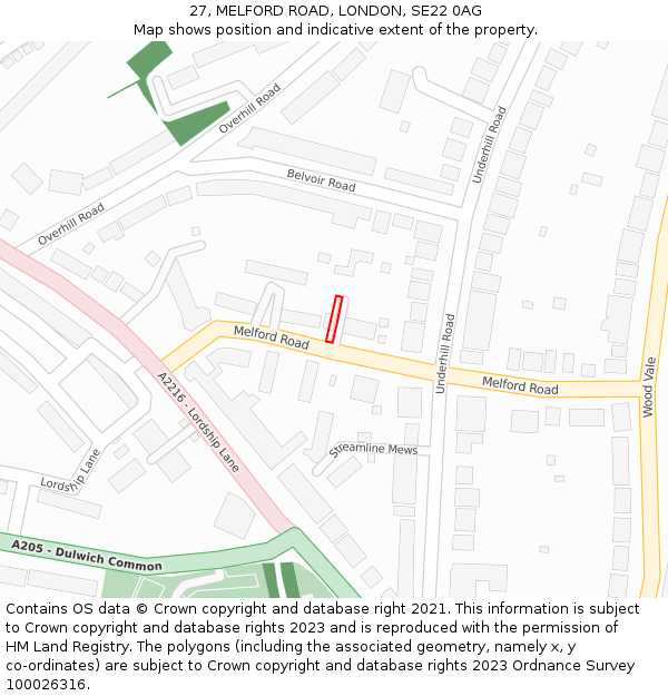 27, MELFORD ROAD, LONDON, SE22 0AG: Location map and indicative extent of plot