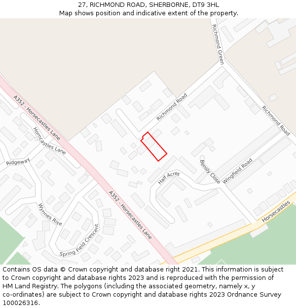 27, RICHMOND ROAD, SHERBORNE, DT9 3HL: Location map and indicative extent of plot
