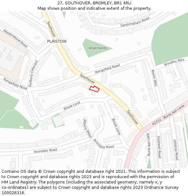 27, SOUTHOVER, BROMLEY, BR1 4RU: Location map and indicative extent of plot