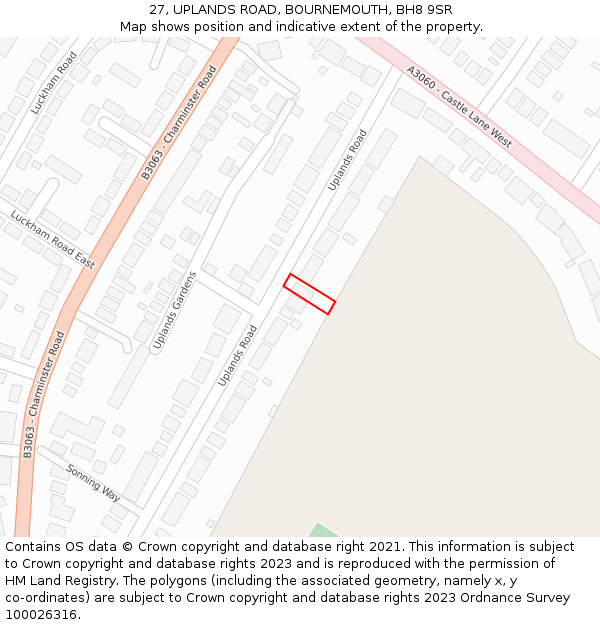 27, UPLANDS ROAD, BOURNEMOUTH, BH8 9SR: Location map and indicative extent of plot