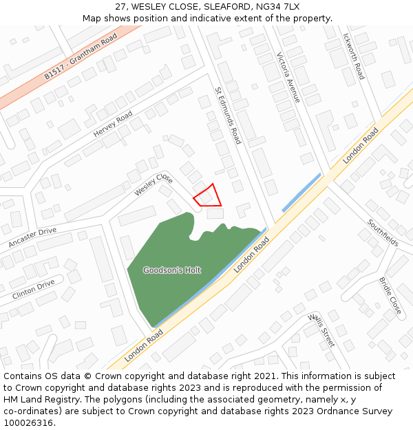 27, WESLEY CLOSE, SLEAFORD, NG34 7LX: Location map and indicative extent of plot
