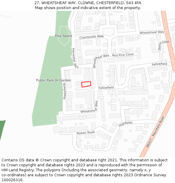27, WHEATSHEAF WAY, CLOWNE, CHESTERFIELD, S43 4FA: Location map and indicative extent of plot