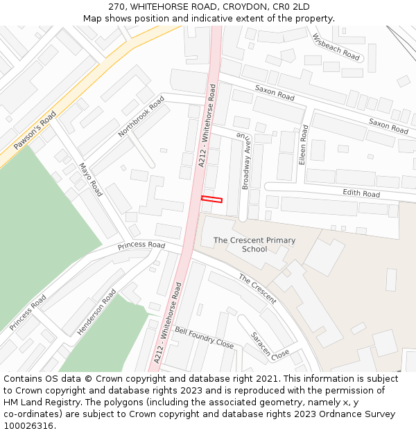 270, WHITEHORSE ROAD, CROYDON, CR0 2LD: Location map and indicative extent of plot