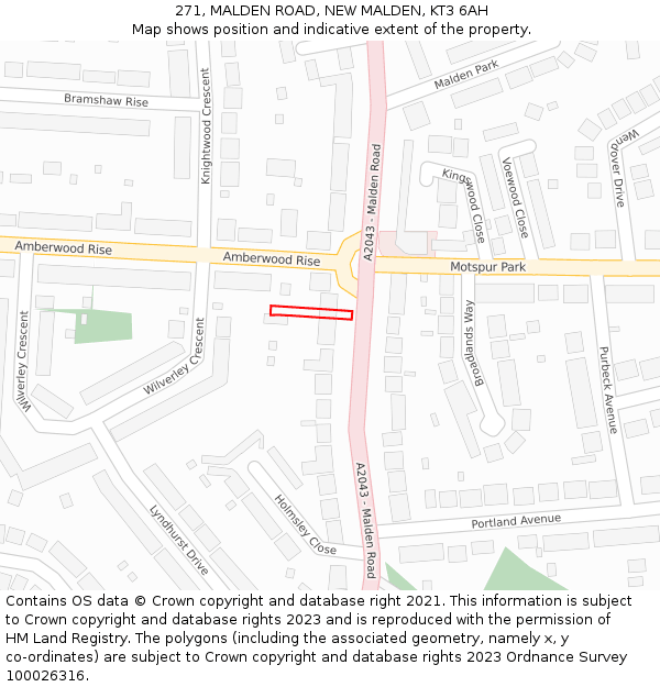 271, MALDEN ROAD, NEW MALDEN, KT3 6AH: Location map and indicative extent of plot