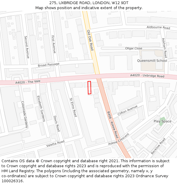 275, UXBRIDGE ROAD, LONDON, W12 9DT: Location map and indicative extent of plot