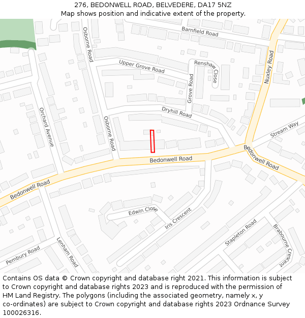 276, BEDONWELL ROAD, BELVEDERE, DA17 5NZ: Location map and indicative extent of plot