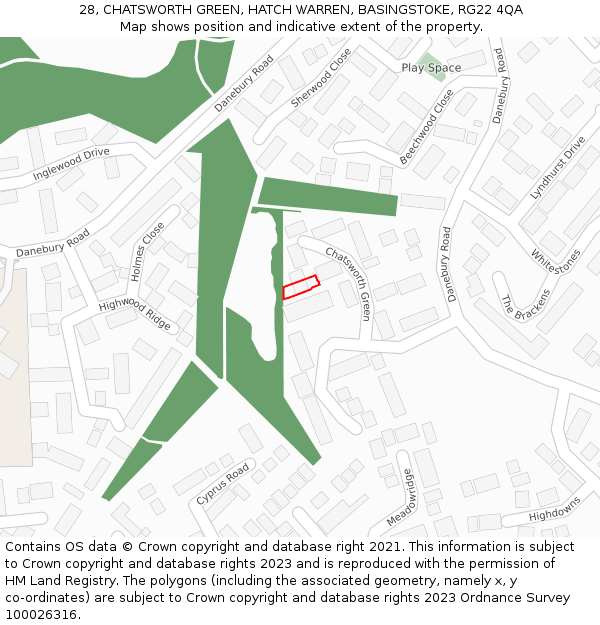 28, CHATSWORTH GREEN, HATCH WARREN, BASINGSTOKE, RG22 4QA: Location map and indicative extent of plot
