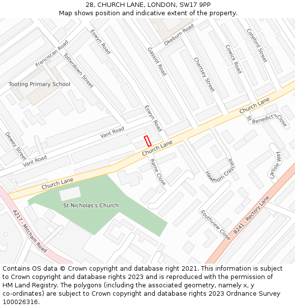 28, CHURCH LANE, LONDON, SW17 9PP: Location map and indicative extent of plot