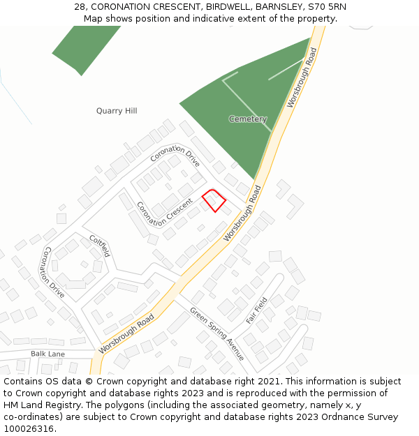 28, CORONATION CRESCENT, BIRDWELL, BARNSLEY, S70 5RN: Location map and indicative extent of plot