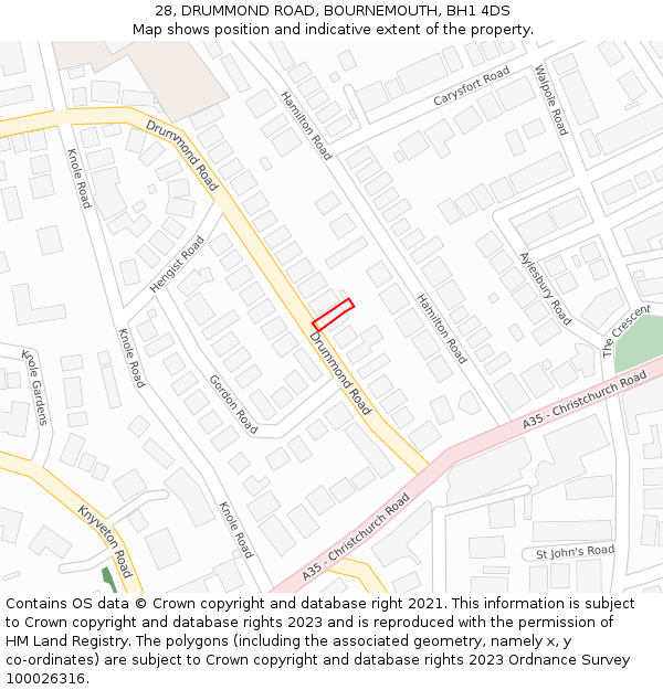 28, DRUMMOND ROAD, BOURNEMOUTH, BH1 4DS: Location map and indicative extent of plot