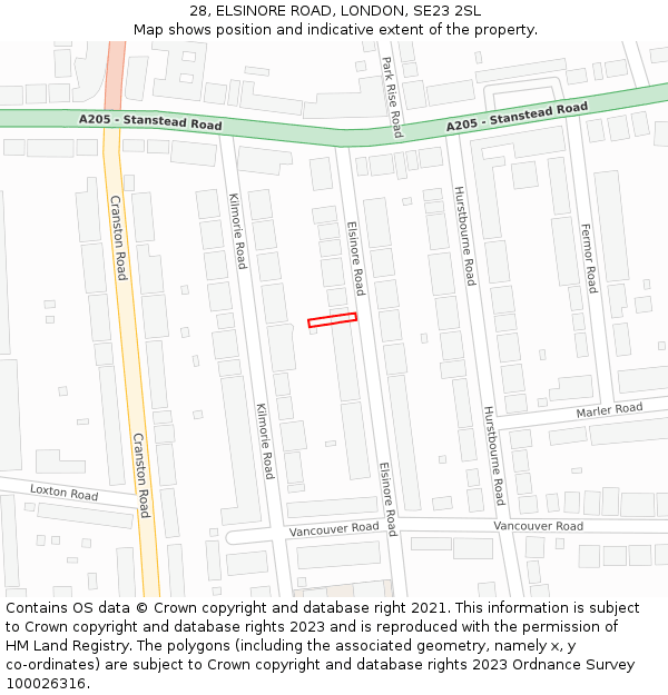 28, ELSINORE ROAD, LONDON, SE23 2SL: Location map and indicative extent of plot