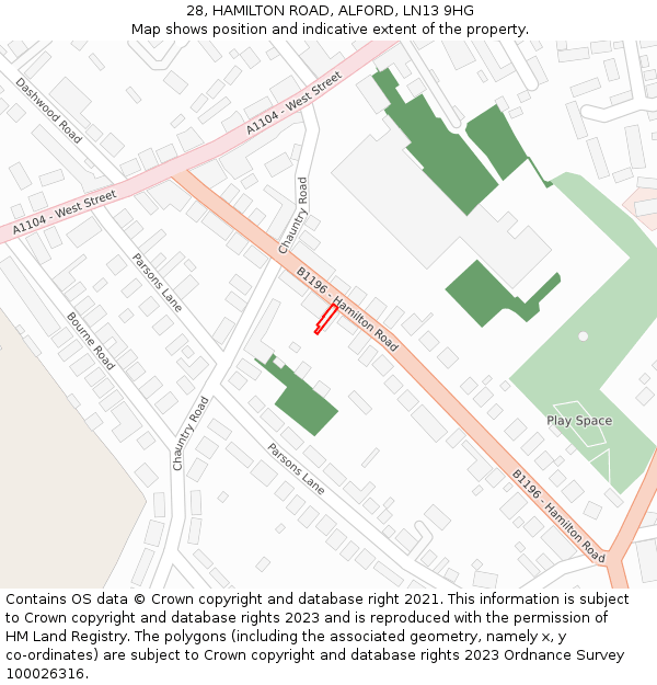 28, HAMILTON ROAD, ALFORD, LN13 9HG: Location map and indicative extent of plot