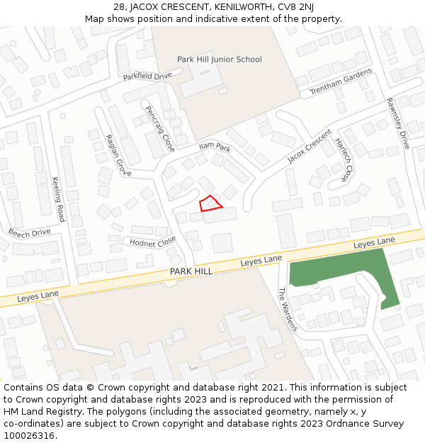 28, JACOX CRESCENT, KENILWORTH, CV8 2NJ: Location map and indicative extent of plot