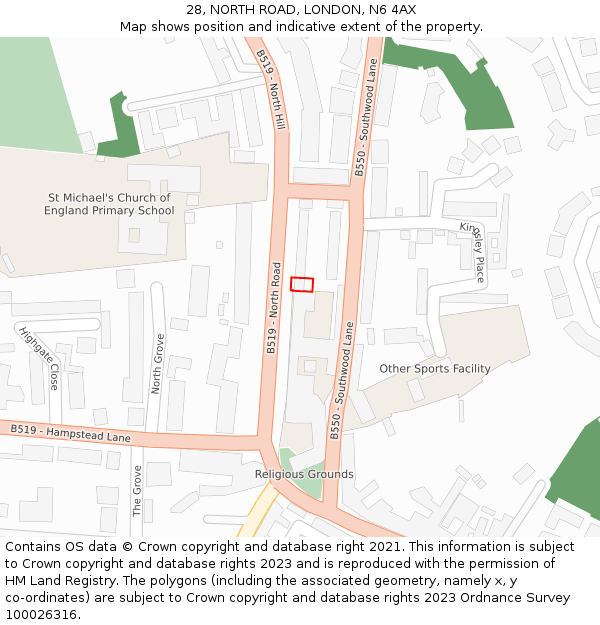 28, NORTH ROAD, LONDON, N6 4AX: Location map and indicative extent of plot