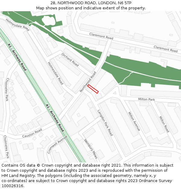 28, NORTHWOOD ROAD, LONDON, N6 5TP: Location map and indicative extent of plot